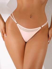 1pc Solid Color Sexy Thin Waist Mesh Splice Women's G-String Panty - Pink - View 4