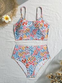 Swim Lushoire 女款花卉印花細肩帶分體式比基尼上衣與三角泳褲兩件式泳衣套裝，適合夏季度假與海灘 - 彩色 - 查看 5