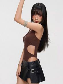 INAWLY Bodysuit Wanita Warna Polos dengan Desain Tali Rantai, Model Halter Neck, Cocok untuk Acara Malam, Musik, Pesta, Musim Panas, Warna Cokelat Tua, Seksi - Coklat - View 7