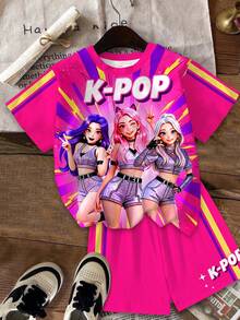 Kids Young Girl Casual Minimalist Girl Group Graphic Print Colorful Short Sleeve T-Shirt And Shorts 2-Piece Set, Suitable For Summer - Multicolor - View 3
