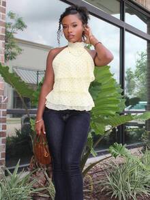 Steph T Blusa de mujer con estampado de lunares, ribete de volantes y cuello halter para verano - Amarillo - Ver 3