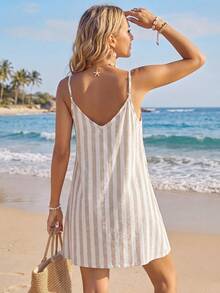 SHEIN LUNE 女款條紋拼接休閒度假旅行迷你細肩帶洋裝 - 彩色 - 查看 3