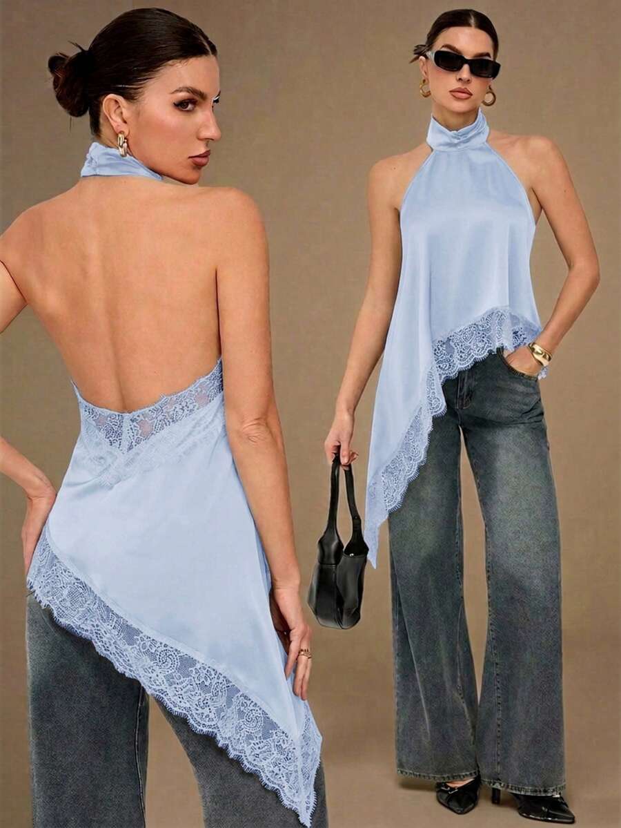 SHEIN Tall 優雅蕾絲飾邊露背細肩帶上衣,性感緞面拼接無袖襯衫,適合派對、雞尾酒會 - 淺藍色 - 查看 1