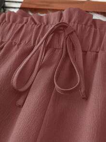 SHEIN Tall CURVE Celana Panjang Wanita Ukuran Besar Warna Polos dengan Tali Serut, Kasual, Serbaguna, untuk Perjalanan Sehari-hari - Watermelon Pink - View 3