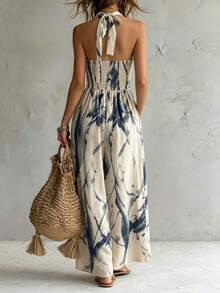 SHEIN Women Boho Vacation Halter Sleeveless Cut Out Long Wide Leg Jumpsuit - Multicolor - View 2