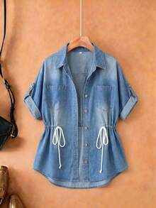 EMERY ROSE EMERY ROSE Plus Size Women's Rolled Hem Short Sleeve Single-Breasted Drawstring Waist Casual Denim Shirt,Light Wash Collared Roll Tab Sleeve Denim Shirt,Business - Blue - View 1
