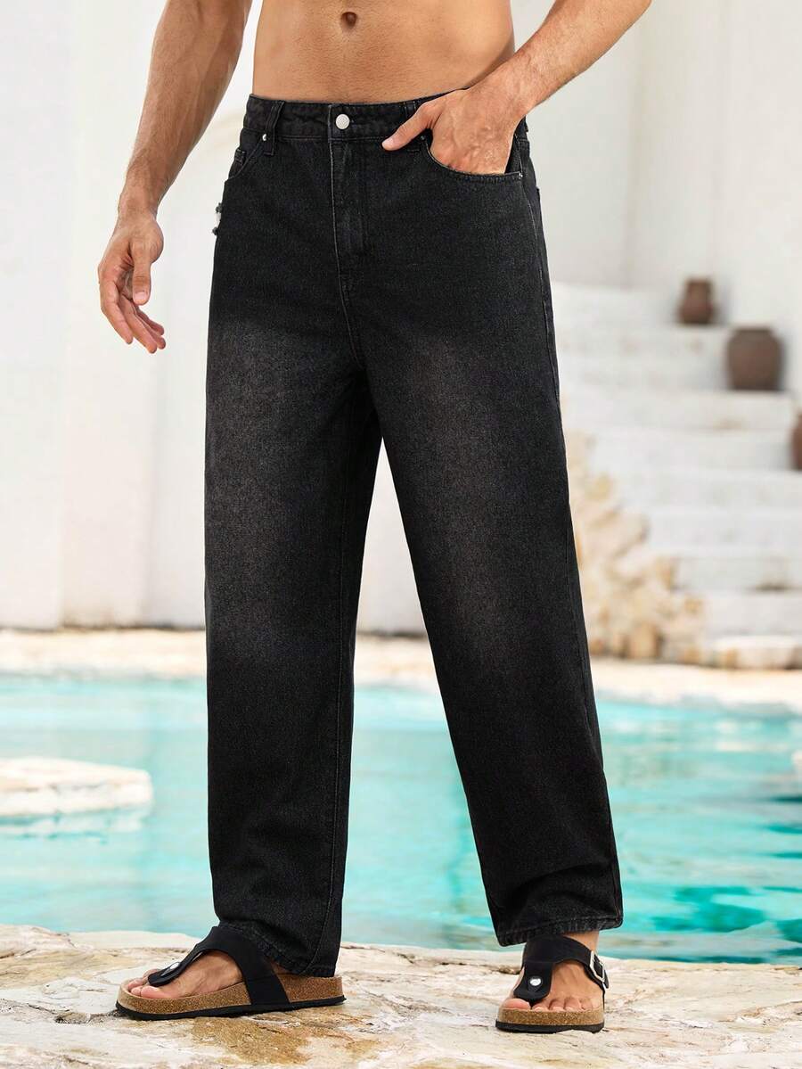Mercer Haus Men's Washed Dark Indigo Loose Straight Leg Vintage Jeans, Relaxed Fit, Comfortable, Flattering Leg, Distressed, Loose Straight Leg, Cropped, Oversized, Recommend Sizing Down - Black - View 1