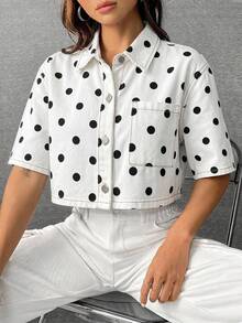 SHEIN EZwear 女款圓點單排扣休閒百搭日常牛仔上衣 - 黑色 - 查看 7
