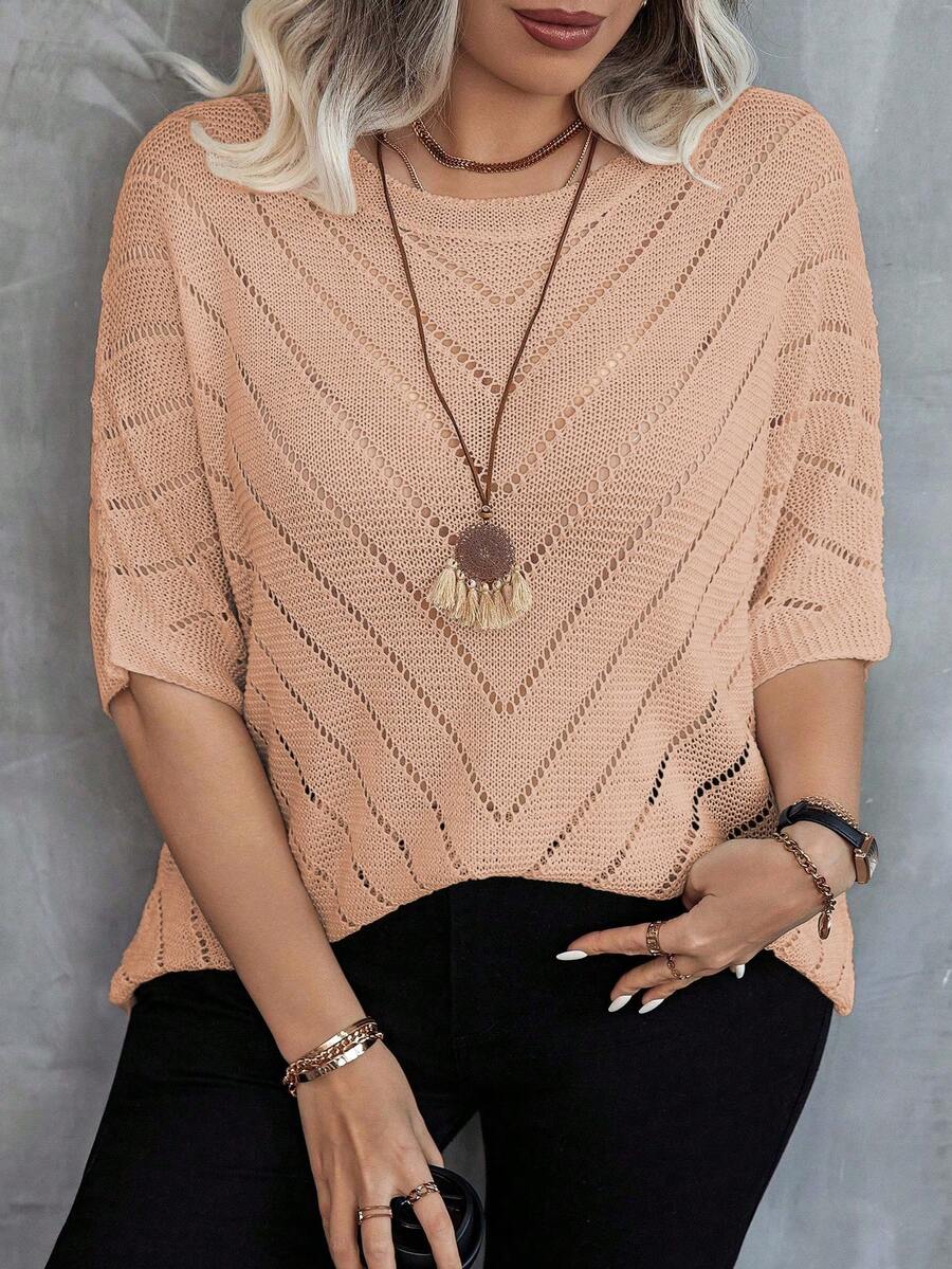 Linhara Plus Size Women Solid Color Casual Versatile Daily Wear Knit Top - Apricot - View 1