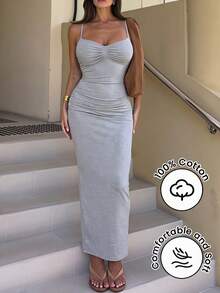 SHEIN SXY Women's Solid Color Pleated Elegant Sexy Bandage Casual Minimalist Party Going Out Golf Night Out Long Strap Dress Pastal Summer Gray - Grey - View 9