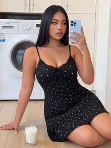 ZzzCrew Gaun Tidur Camisole Seksi Rajut Bergaris Motif Hati untuk Wanita Ukuran Plus, Dapat Dipakai di Luar Ruangan - Hitam - View 6