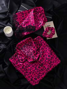 Bare Chapter 3pcs Printed Pattern Wireless Lace Patchwork Shirt Style Women's Nightgown Set With Hair Scrunchie - Multicolor - View 3