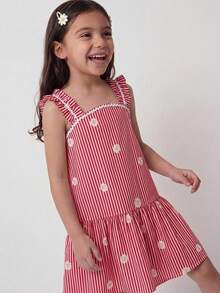 Maija Kids Maija Kids 1件装 女童休闲优雅度假宽松可爱粉色条纹+花卉图案荷叶边无袖连衣裙，适合日常穿着、返校、郊游、聚会、节日、春夏穿着。女童条纹连衣裙 女童细条纹连衣裙 粉色和红色条纹连衣裙 儿童女童幼儿条纹连衣裙 复活节假期粉色度假儿童连衣裙 女童连衣裙 儿童夏季连衣裙 儿童连衣裙 女童休闲连衣裙 儿童连衣裙 女童服装连衣裙 - 粉色 - 查看 1