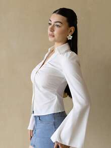 Andrea Bello Women V-Neck Ruffle Flared Sleeve Blouse, Waist Cinched,Black Long Sleeve Shirt,Witchy Clothes,Button Down Blouse,Concert Women ,Airport Women White - White - View 5