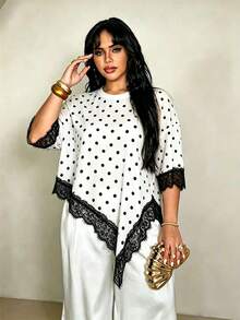 Rustia Plus Size Women's Polka Dot Print Contrast Lace Asymmetric Hem Round Neck T-Shirt - Black and White - View 5