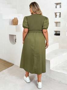 Plussiva Plus Size Maternity Vacation Textured Pleated Puff Sleeve Fashion Dress Photoshoot Summer Elegant Casual Baby Shower - Army Green - View 8