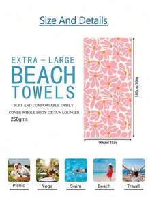 1pc Bohemian Flower Pattern Beach Towel, Oversized Ultra-Fine Fiber Beach Blanket, Super Absorbent Bath Towel, Suitable For Travel, Swimming, Diving, Surfing, Beach Accessory Summer Travel, Vacation Holiday Bathroom Decor Beach Essentials - Pink - View 12