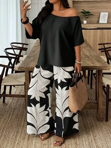 Weeklong Women's Plus Size Spring/Autumn Casual Vacation Solid Color Top & Dual-Color Leaf Print Pants 2-Piece Set, Suitable For Daily Wear And Vacation Fall - Multicolor - View 4