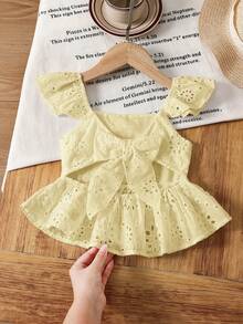 SHEIN LMoss Kids 女童刺繡蝴蝶結背心上衣，百搭夏季度假穿搭 - 芥末黃 - 查看 3