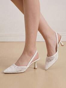 Eladyva Women's 7cm High Heel Mesh Floral Sandals, Black Pointed Toe Kitten Heel Elastic Strap Sandals, Fairy Style - White - View 8
