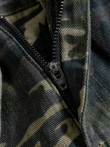 Manfinity Roghcode 男士年輕街頭風迷彩寬鬆牛仔短褲 - 軍綠色 - 查看 8