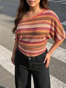 Hourglow Bohemian Boho Burnt Orange Sequin Asymmetrical Neck Short Sleeve Plus Size Top, Perfect For Spring/Summer Holidays Vacations, For Hourglass Body Shape - Multicolor - View 4