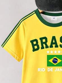 男童黃綠配色 BRASIL 印花巴西國旗短袖T恤與短褲2件組，運動休閒百搭風格，適合夏季外出 - 彩色 - 查看 3