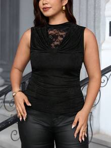 Reflora Plus Size Summer Elegant Sexy Solid Color Lace Patchwork Tank Top Cocktail Date Night Black - Black - View 4