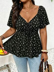 SHEIN Frenchy Plus Size Women's Ditsy Floral Front Tie Ruffle Short Sleeve T-Shirt For Vacation Brunch Birthday Black Summer Boho Gothic - Multicolor - View 6