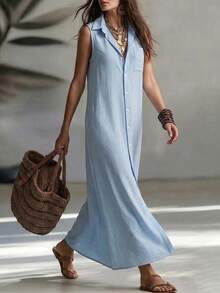 Everyssa Casual Striped Retro Sleeveless Open Front Shirt Dress, Suitable For Leisure And Work, Fashion For Women - Blue - View 4
