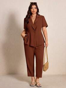Elaquor Conjunto de 2 piezas de chaqueta y pantalones de talla grande, elegante para ir al trabajo, de unicolor con cintura ceñida - Óxido marrón - Ver 3
