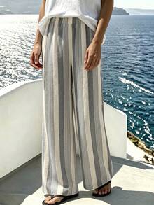 SHEIN LUNE Women's Autumn Casual Boho Cotton Blend Grey Striped Loose Fit Long Pants Suitable For Beach Vacation And Daily Commute - Grey - View 6