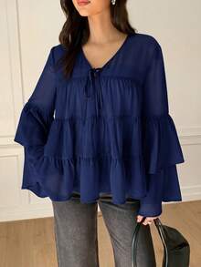 Solavon Camisa de vacaciones versátil con volantes en el bajo y lazo delantero para mujer - Azul Marino - Ver 7