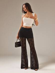 SHEIN PETITE Women's Lace Patchwork Versatile Daily Wear Flare Pants Party Night Black Summer Petite Sexy - Black - View 4