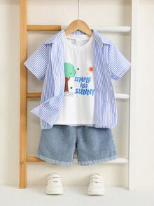 3pcs/Set Kids Young Boy Cute Summer Versatile 3-Piece Outfit Striped Short Sleeve Shirt, Patterned White T-Shirt, Blue Denim Shorts, Suitable For Daily Wear, Sports, Outings, Vacation, School, Parties, Festivals, Performances, Photography - Multicolor - View 3