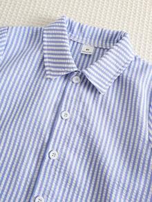 3pcs/Set Kids Young Boy Cute Summer Versatile 3-Piece Outfit Striped Short Sleeve Shirt, Patterned White T-Shirt, Blue Denim Shorts, Suitable For Daily Wear, Sports, Outings, Vacation, School, Parties, Festivals, Performances, Photography - Multicolor - View 5