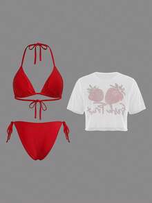 Sweetra Plus Size Solid Color Bikini Set With Strawberry Print Cover-Up Top For Beach Vacation Red Summer Sexy White - Multicolor - View 2