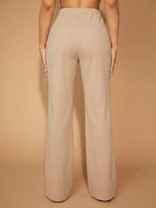 SHEIN SXY Pantalones de pierna acampanada de unicolor minimalista casual para mujer talla grande para oficina y desplazamientos - Caqui - Ver 3