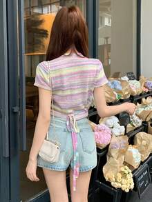 DAZY 女款夏季V領彩虹漸層條紋交叉裹身修身短版休閒婚禮針織上衣 - 彩色 - 查看 4
