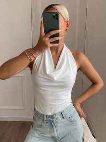 DAZY Summer Sexy Solid Color Cowl Neck Backless Halter Top - White - View 8