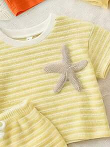 Conjunto de camiseta corta básica y pantalones cortos de ciclista para niña pequeña, estilo creativo y fresco, colores claros, a rayas y con estampado floral, primavera/verano/otoño (5 sets aleatorios, se envía 1 set) - Multicolor - Ver 7