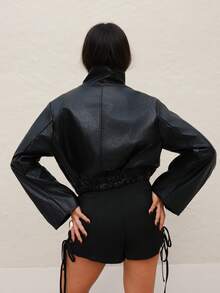 Maju Mazalli High Neck Cinched Waist Zip Front Faux Leather Jacket Cropped Jacket Fashion Streetwear Black - Black - View 2