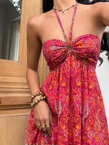 Sunnyshic Women's Elegant Halter Neck Dress - Fiery Red - View 7