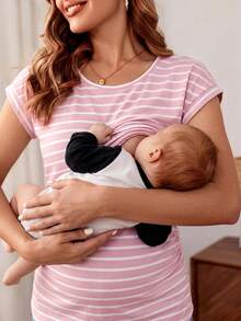 SHEIN Maternity Striped Short Sleeve Nursing Function T-Shirt World Cup - Baby Pink - View 3