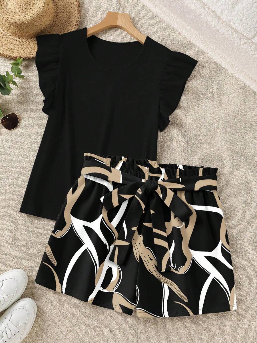 EMERY ROSE Elegant Boho Solid Color Ruffle Top And Printed Shorts 2 Pieces Set, Summer Vacation Black Black And White - Multicolor - View 1
