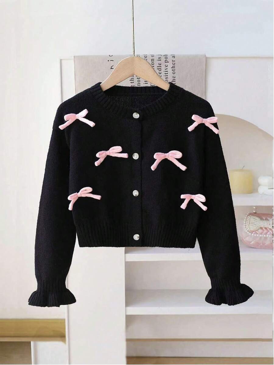 SHEIN Playful Pals 女童秋冬時尚手工蝴蝶結針織長袖開襟毛衣外套 - 黑色 - 查看 1