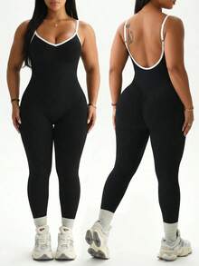 SHEIN Rhythm Era Plus Size Women's Ribbed U-Neck Backless Spaghetti Strap Seamless Tight Fit Yoga Sports Jumpsuit Gym Sports Black And White Summer - Black and White - View 1