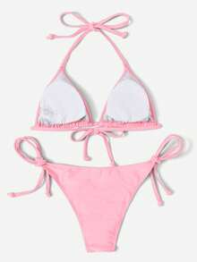 Swim Vcay Women's Summer Beach Solid Color Halter Tie Sexy Bikini And Triangle Bottom Two-Piece Swimsuit Set - Baby Pink - View 2