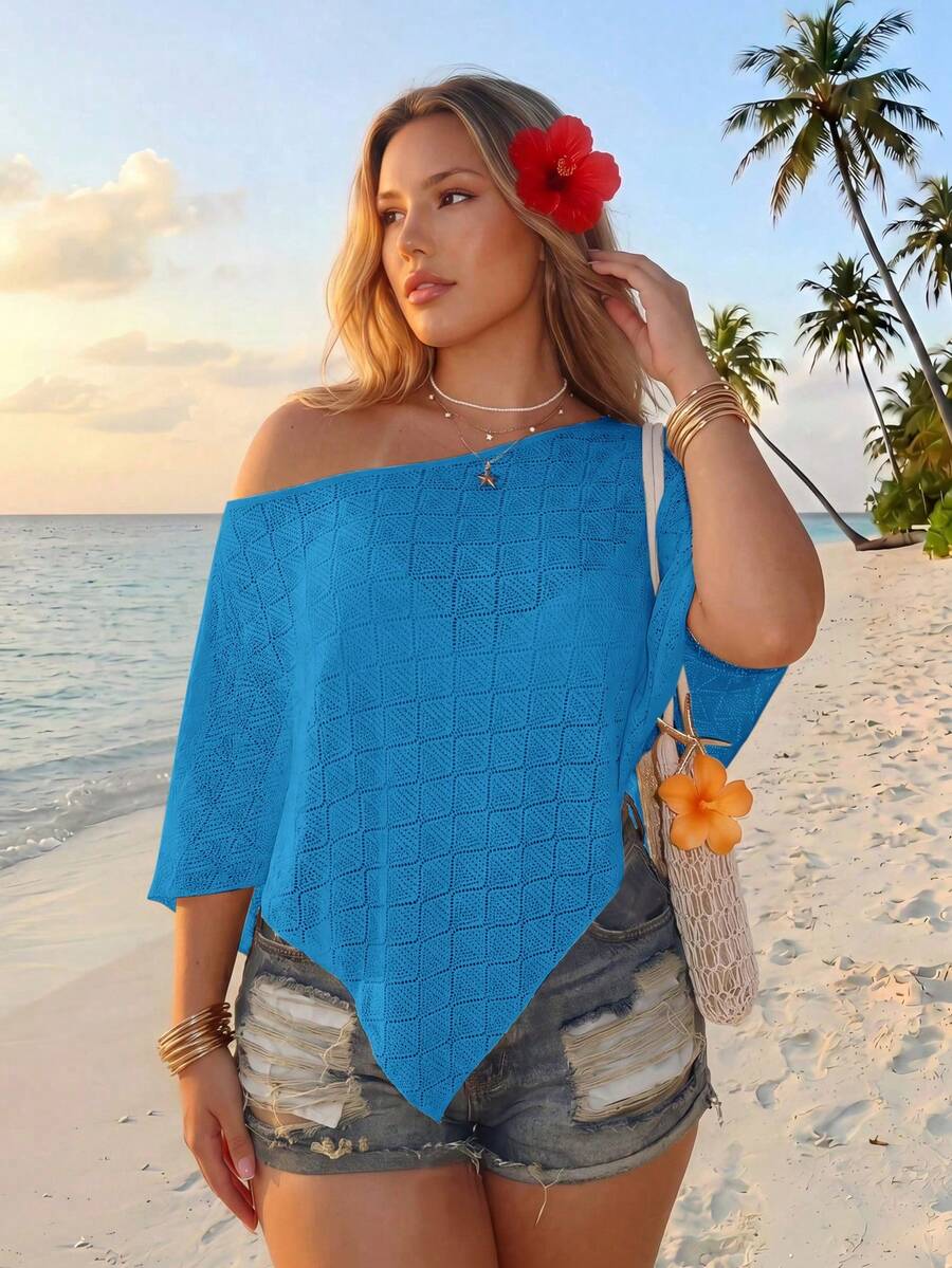 SHEIN ICON 女款大尺碼紋理不對稱下擺不對稱領口上衣 - 藍色 - 查看 1
