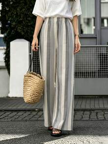 SHEIN LUNE Women's Autumn Casual Boho Cotton Blend Grey Striped Loose Fit Long Pants Suitable For Beach Vacation And Daily Commute - Grey - View 5